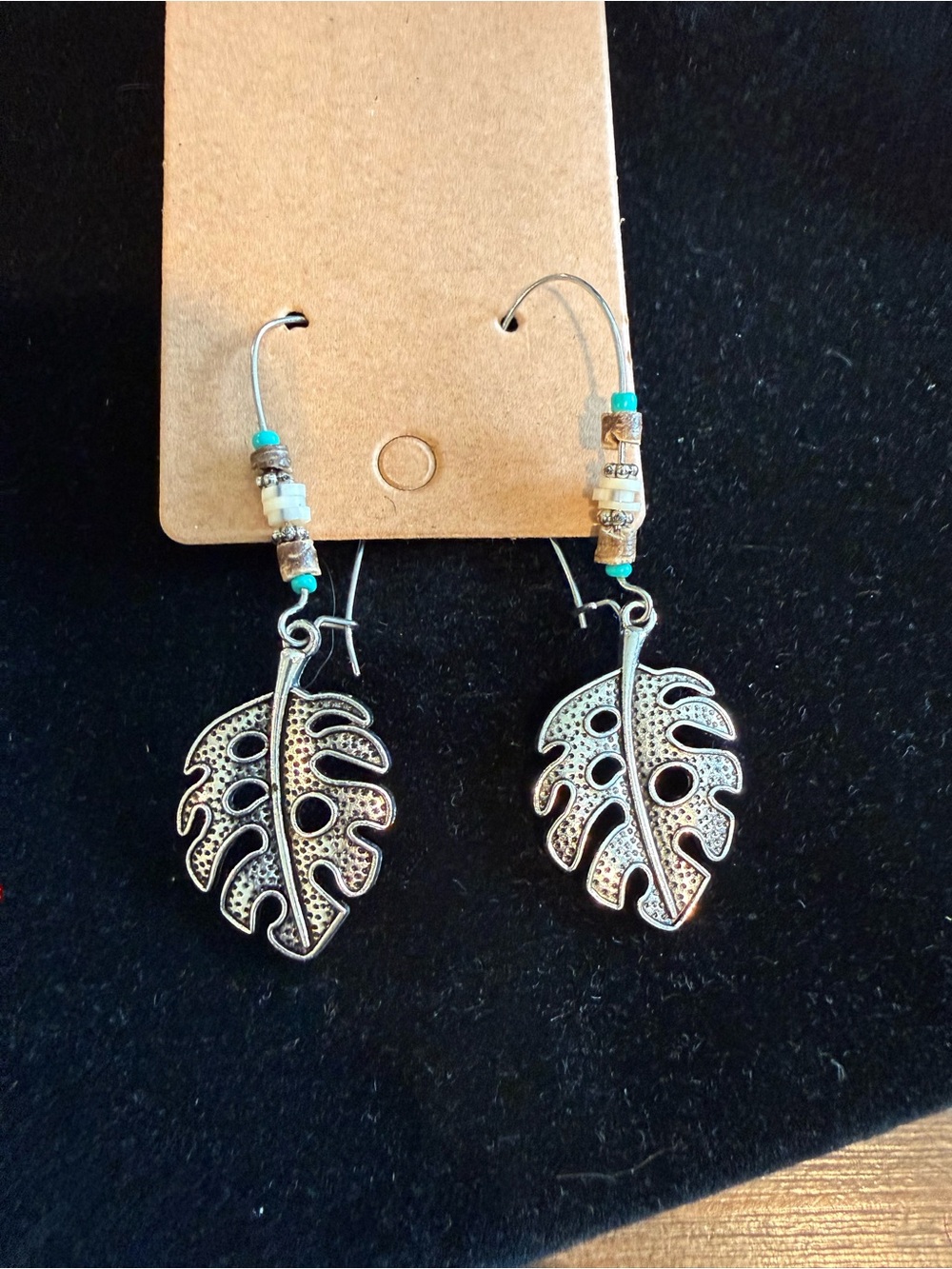 Silver Leaf Dangle Earrings with Turquoise Accent - Women Jewelry